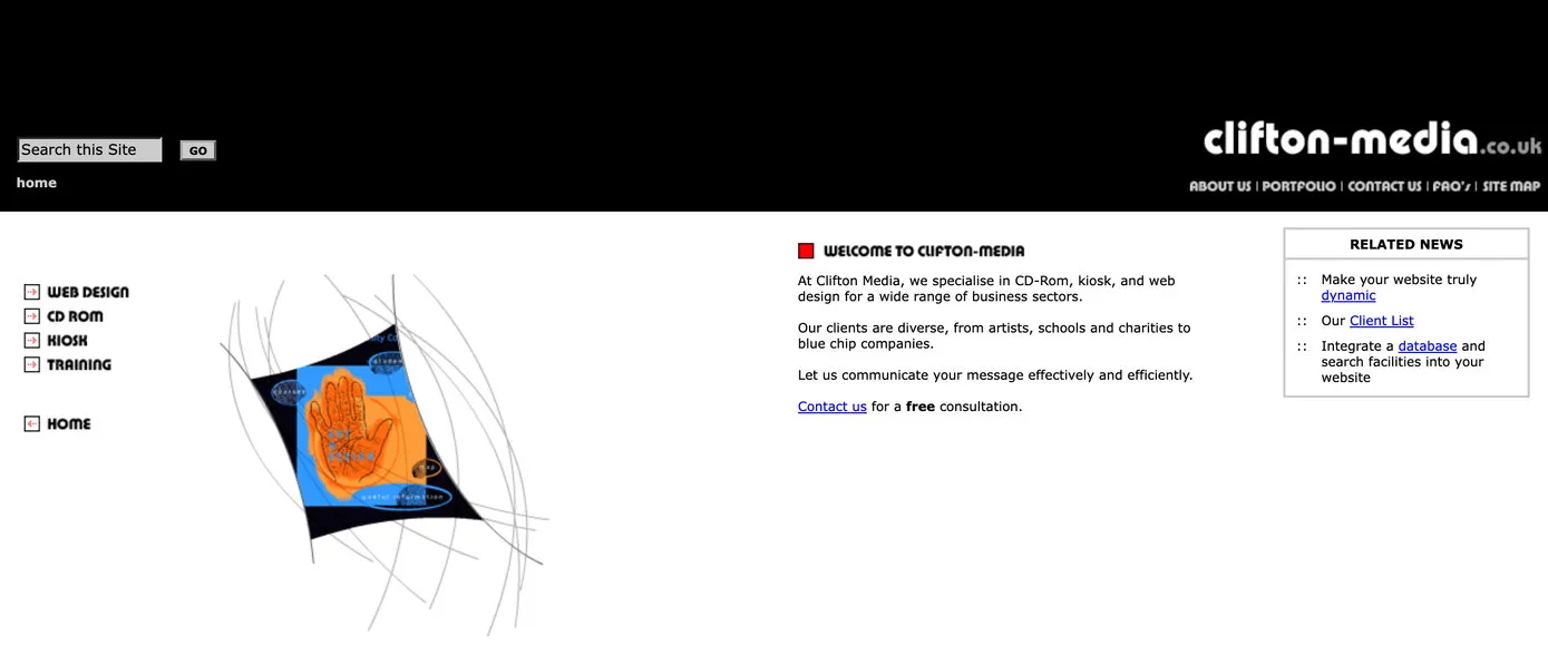 The 2002 site: a black header with clifton-media.co.uk in white, a menu of web design, CD-ROM, kiosk and training, and the Bath Spa kiosk’s orange hand on a tilted blue square in the middle