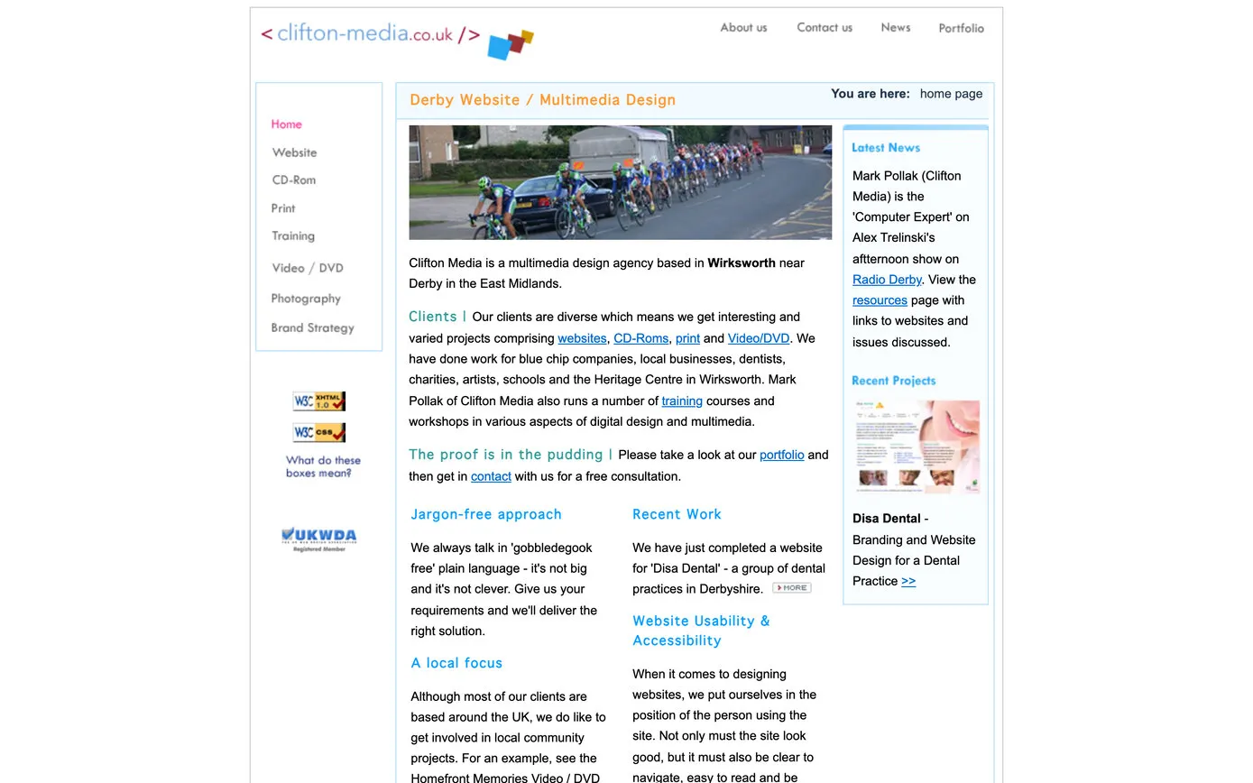 The 2006 site: a photo of a cycle race passing through a Derbyshire town, “Derby Website / Multimedia Design”, sections for clients, a jargon-free approach and recent work, and a news panel about BBC Radio Derby