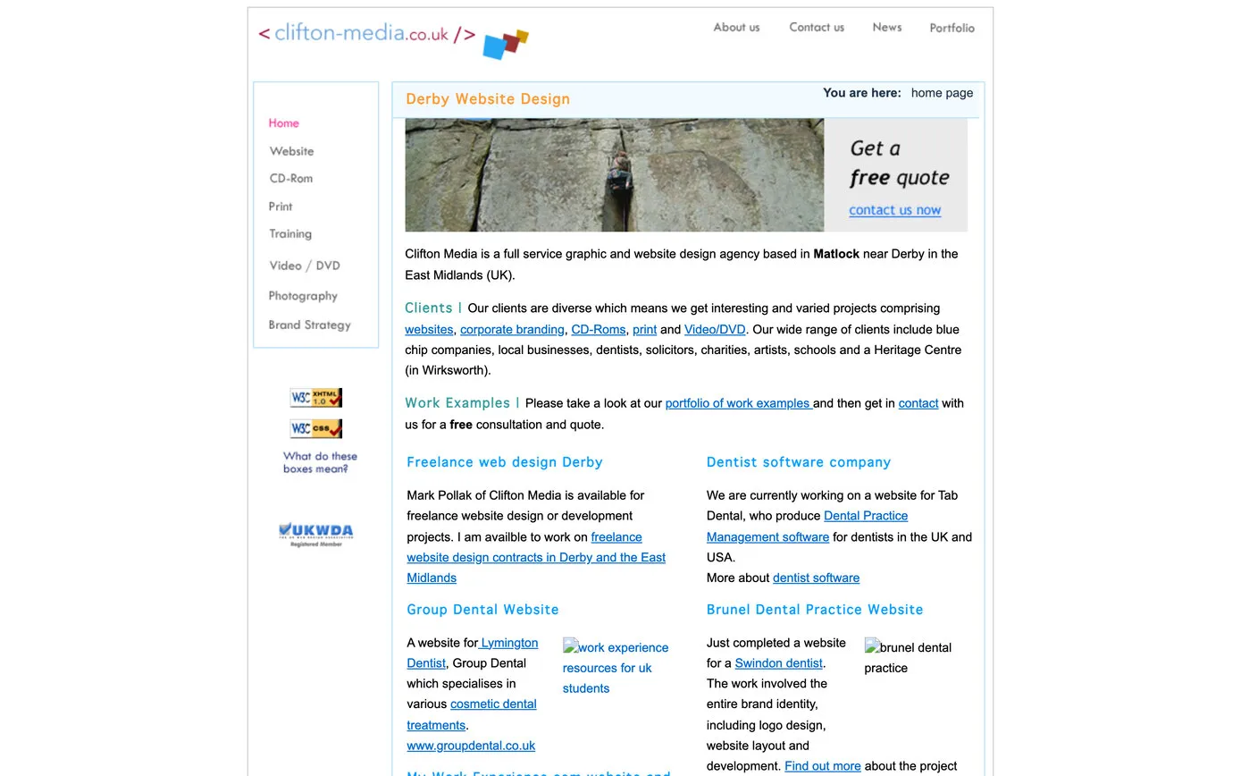 The 2009 site: a climber on a gritstone wall beside “Get a free quote”, “Derby Website Design”, and short pieces on recent websites for dental practices and a Matlock solicitor