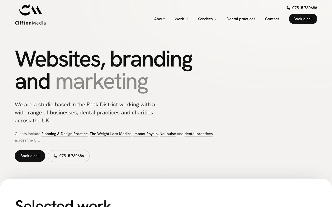 Today’s home page: the Clifton Media logo, the phone number and menu, and “Websites, branding and marketing” in large type, with the studio’s introduction and a Book a call button