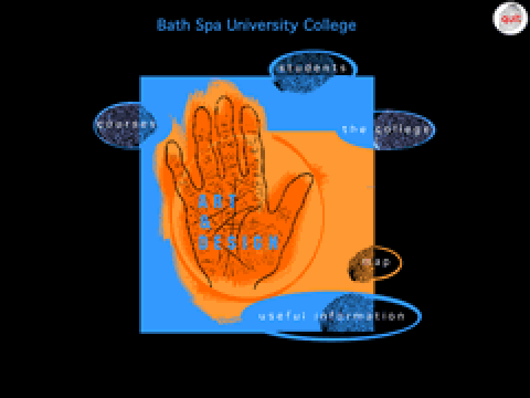 The Bath Spa University College kiosk: a hand drawn in orange on a blue square, with links for students, courses, the college, a map and useful information around it