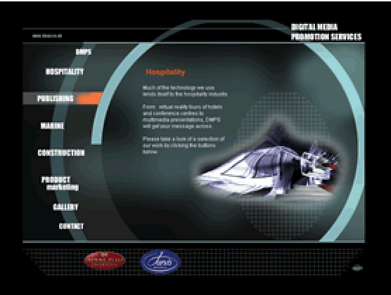 The DMPS CD-ROM: a dark screen with a menu of Hospitality, Publishing, Marine, Construction, Product marketing and Gallery, and a curved panel of text