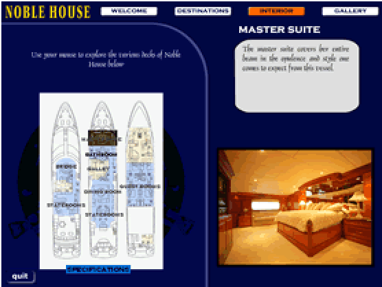 The Noble House CD-ROM’s interior screen: a deck plan of the yacht beside a photo of the master suite