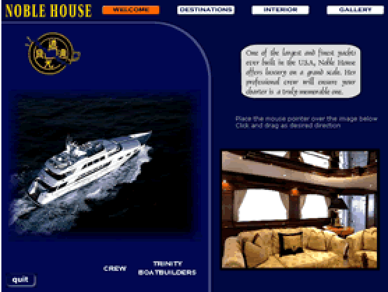 The Noble House CD-ROM’s welcome screen: the yacht at sea on navy blue, a welcome panel and Welcome, Destinations, Interior and Gallery buttons