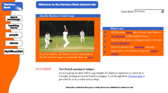 A demonstration intranet for a made-up bank: navigation down the left and a cricket photo in the middle