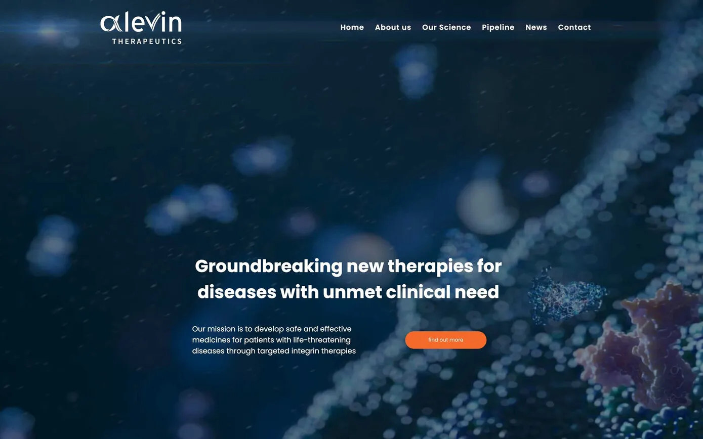The home page as it launched in 2022: the white logo over the dark molecular image, the heading “Groundbreaking new therapies for diseases with unmet clinical need” and an orange button