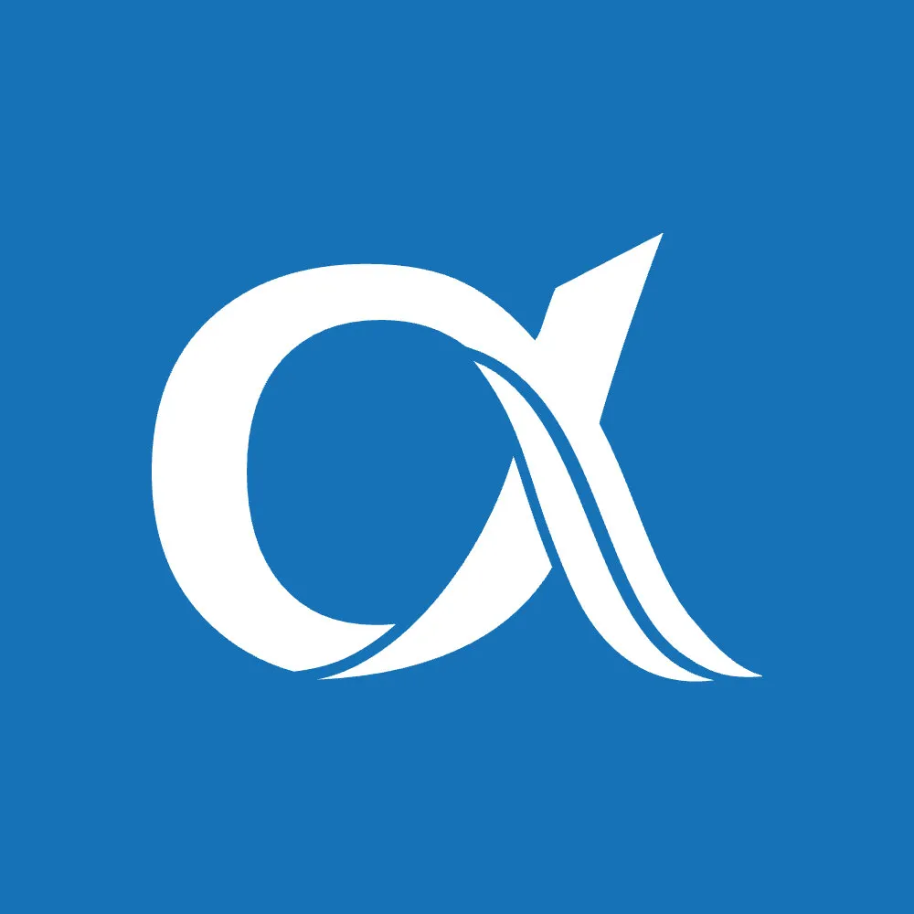 The square alpha mark in white on the brand’s blue