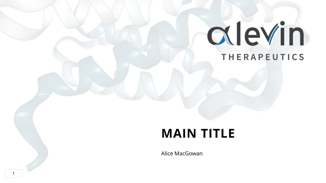 The title slide: the logo top right and a pale protein ribbon on white