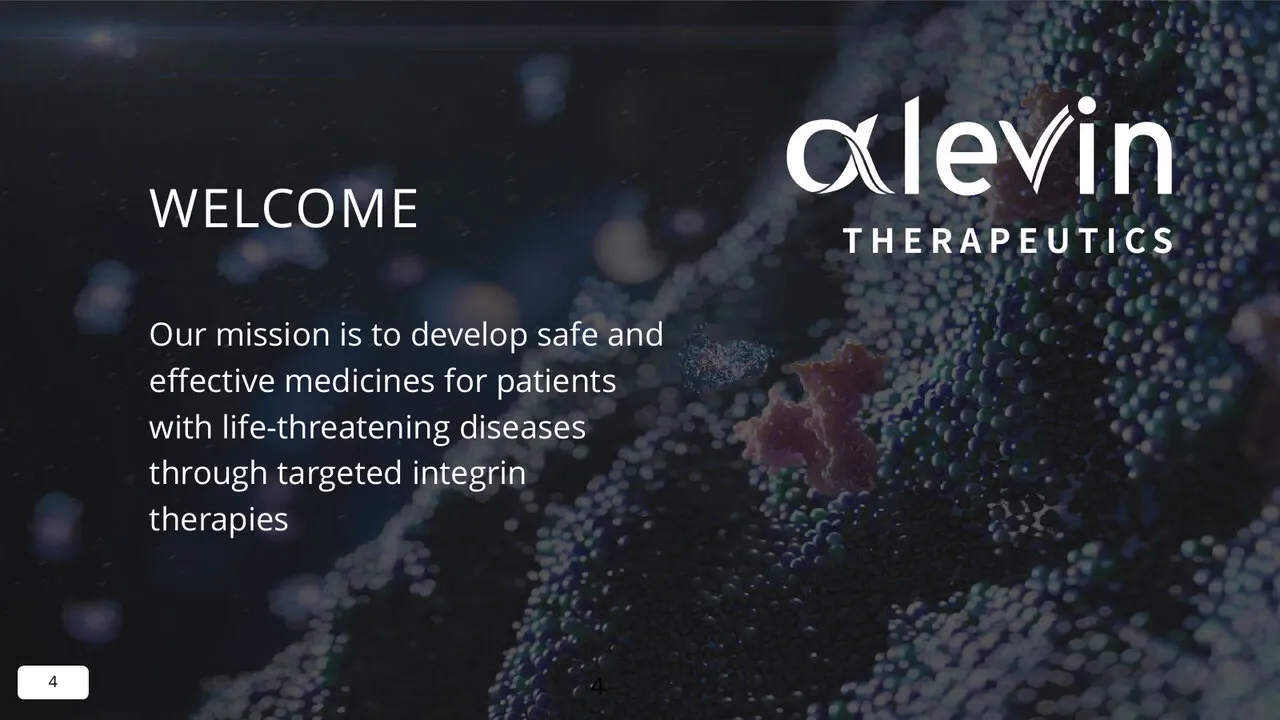 A welcome slide on the dark molecular image, with Alevin’s mission in white