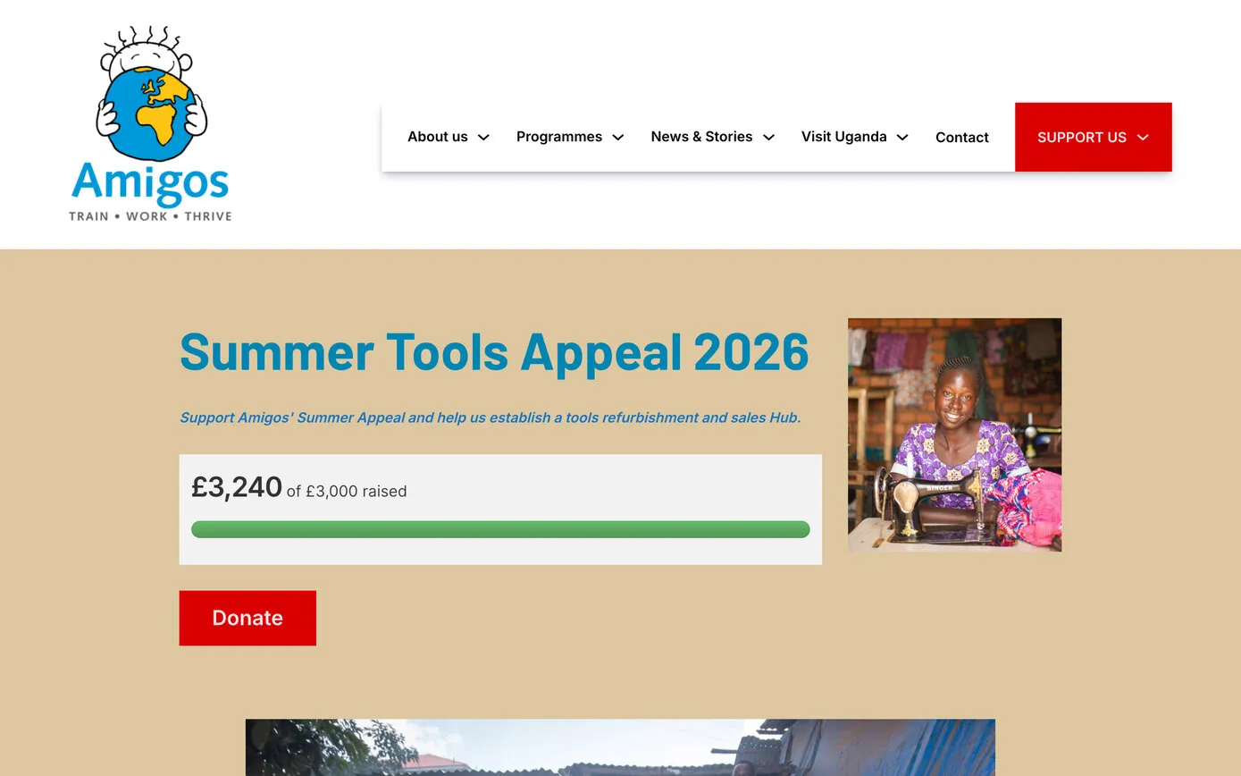 The Summer Tools Appeal 2026 page: “£3,240 of £3,000 raised” on a green progress bar, a red Donate button, and a photo of a young woman at a sewing machine