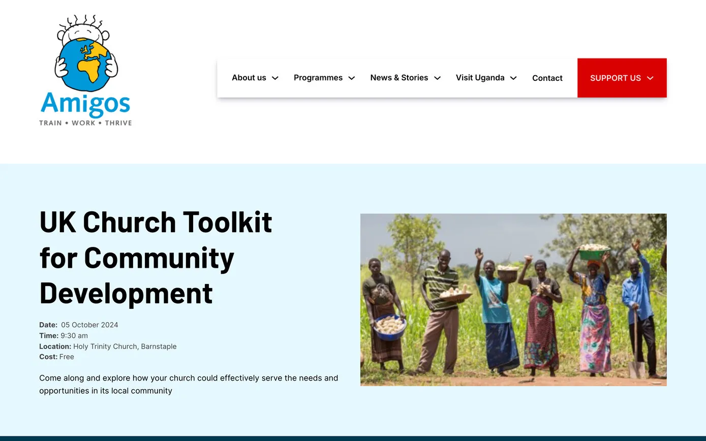 An event page: “UK Church Toolkit for Community Development”, with the date, time, place and cost beside a photo of farmers holding up their harvest