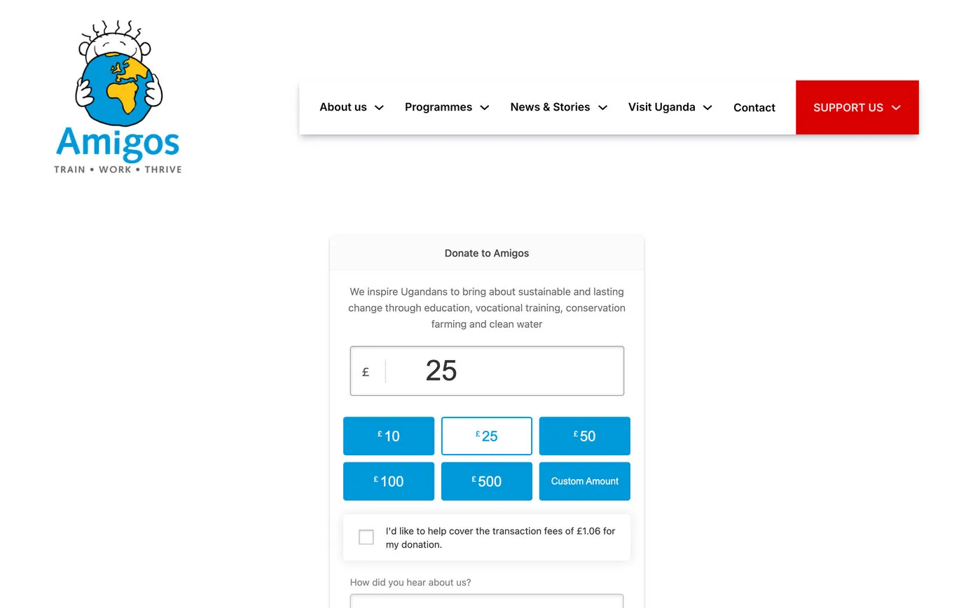 The Donate to Amigos form: suggested amounts from £10 to £500 or a custom amount, a box to cover the transaction fees, and “How did you hear about us?”