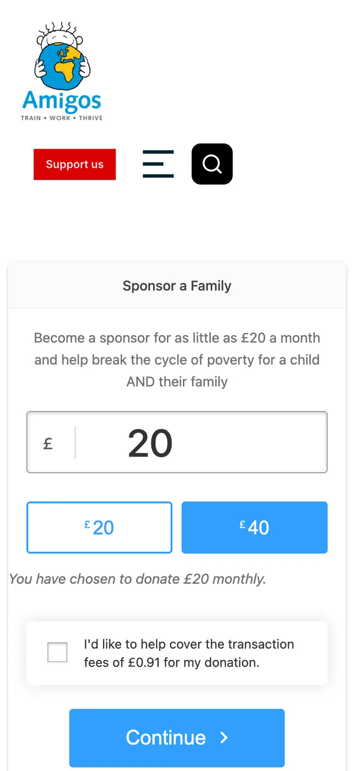 The Sponsor a Family form on a phone, from £20 a month