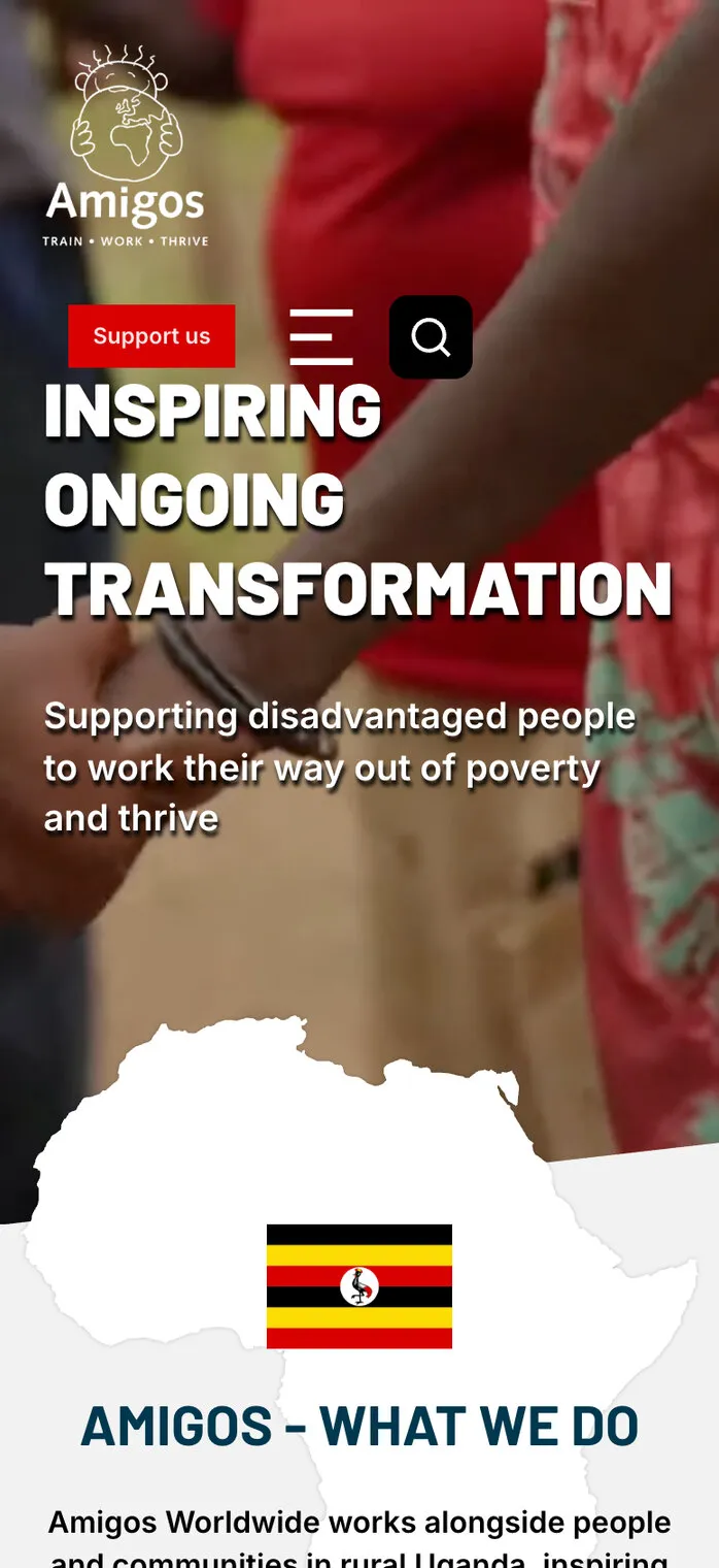 The same homepage on a phone, with the outline of Africa and the Ugandan flag above “Amigos – what we do”