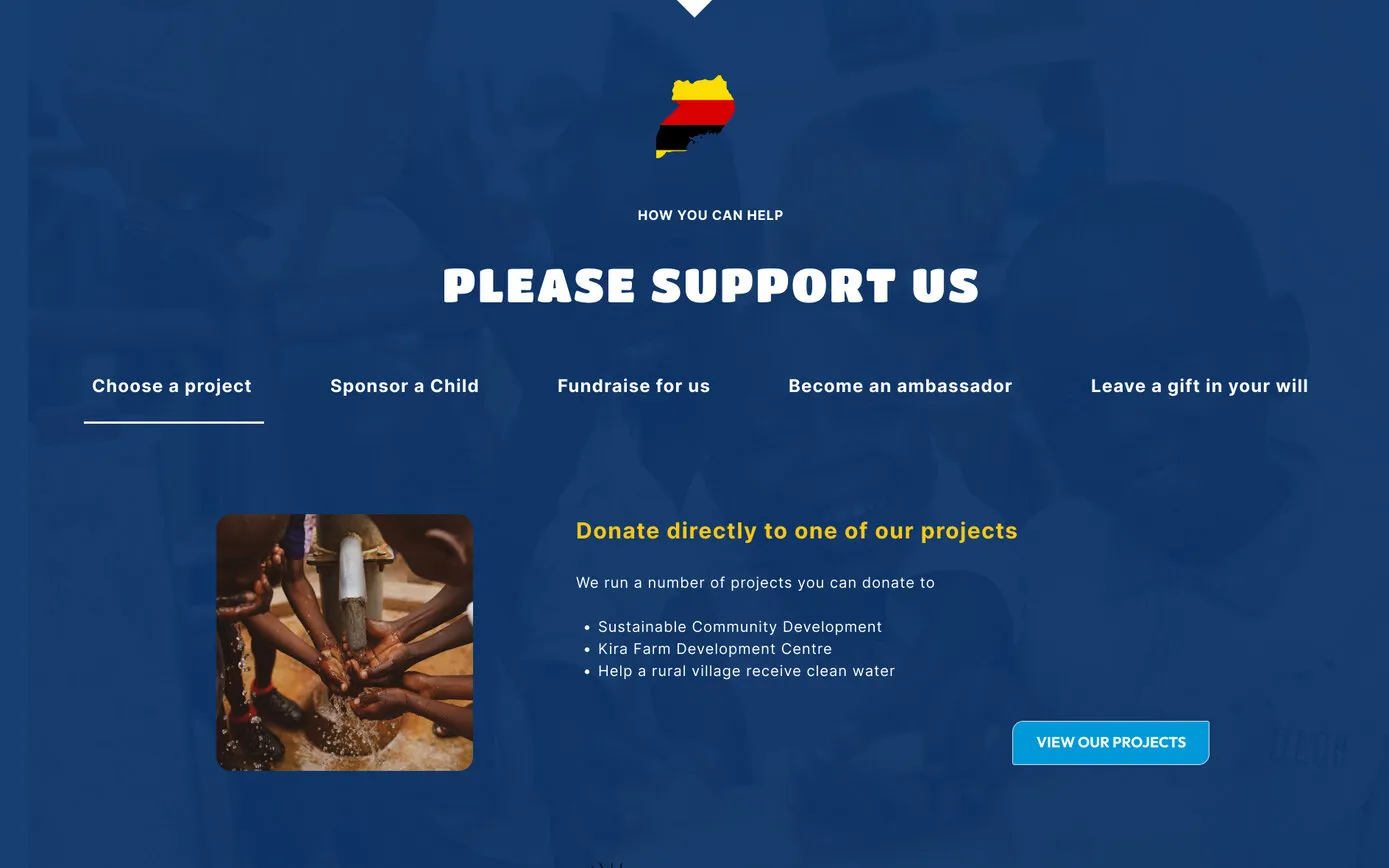Our February 2024 mock-up: a deep blue “Please support us” band with the Ugandan flag, tabs for the ways to help, and a photo of hands at a water tap