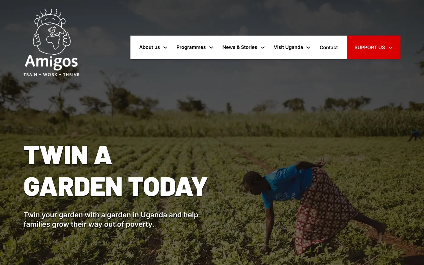 The Garden Twinning page: “Twin a garden today”, over a photo of someone tending their crops in Uganda