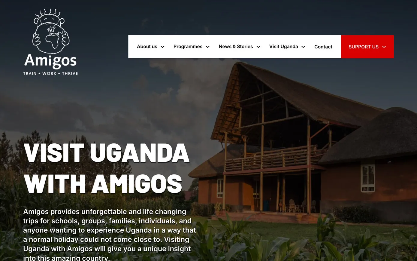The Visit Uganda with Amigos page, over a photo of a thatched lodge at Kira Farm