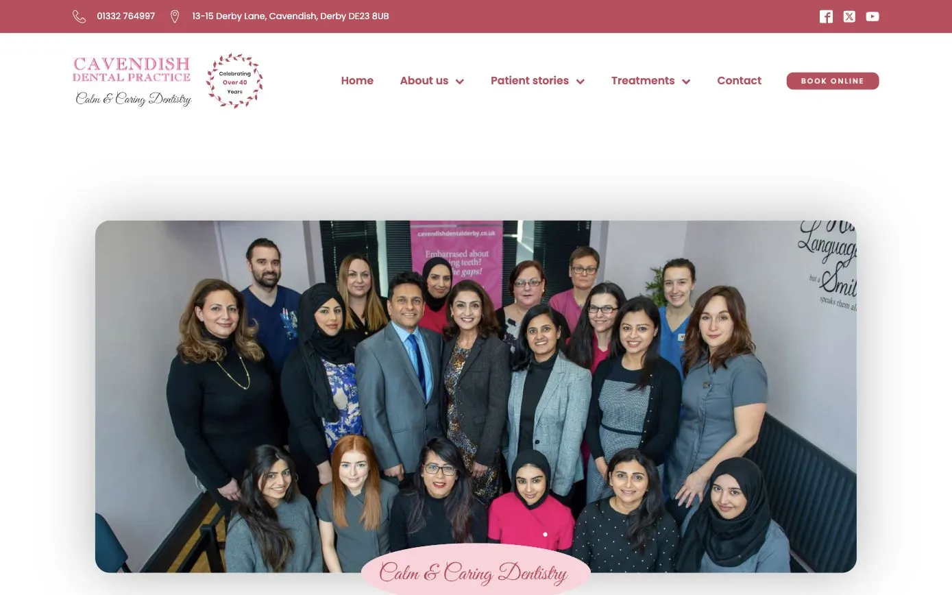 Cavendish Dental Practice homepage: the whole team photographed together, with the line “Calm & Caring Dentistry”