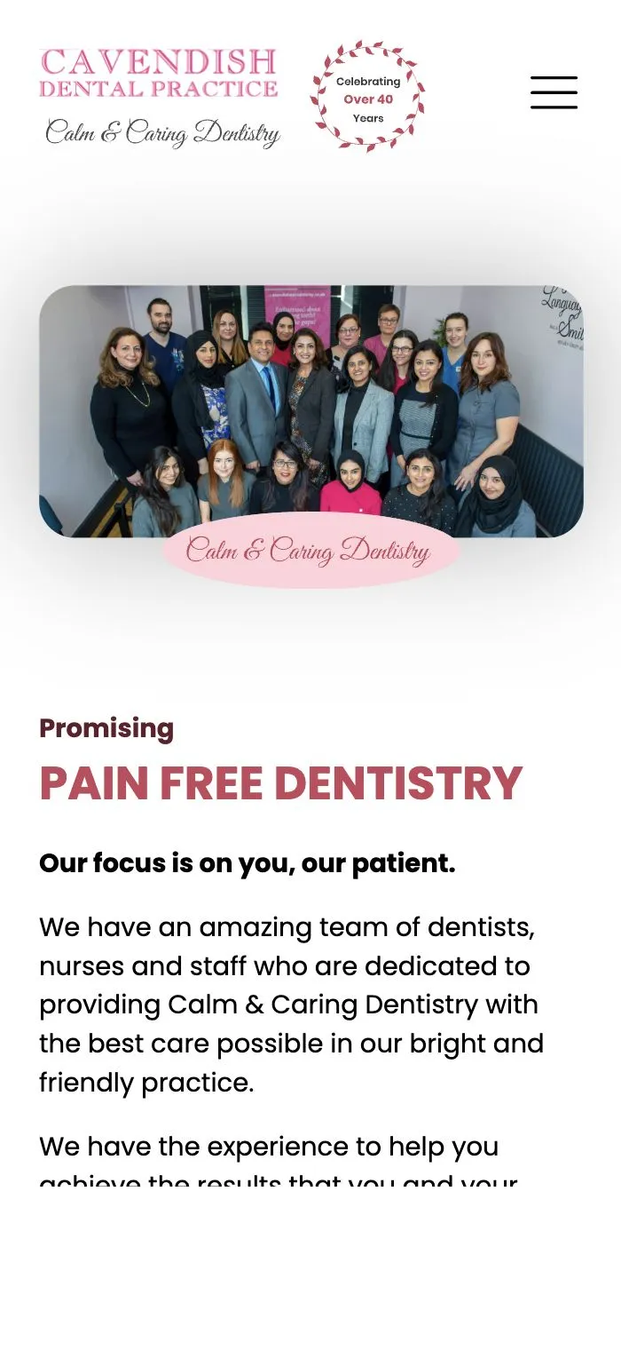 The Cavendish homepage on a phone: “Pain free dentistry”