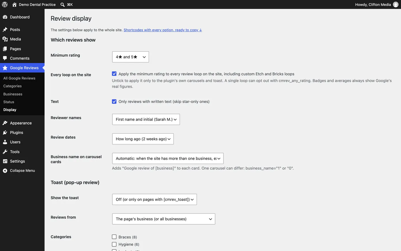 The Review display settings: minimum rating 4 and 5 stars, a tick to apply it to every loop on the site, only reviews with written text, names shown as first name and initial, dates as how long ago, and the pop-up review’s settings