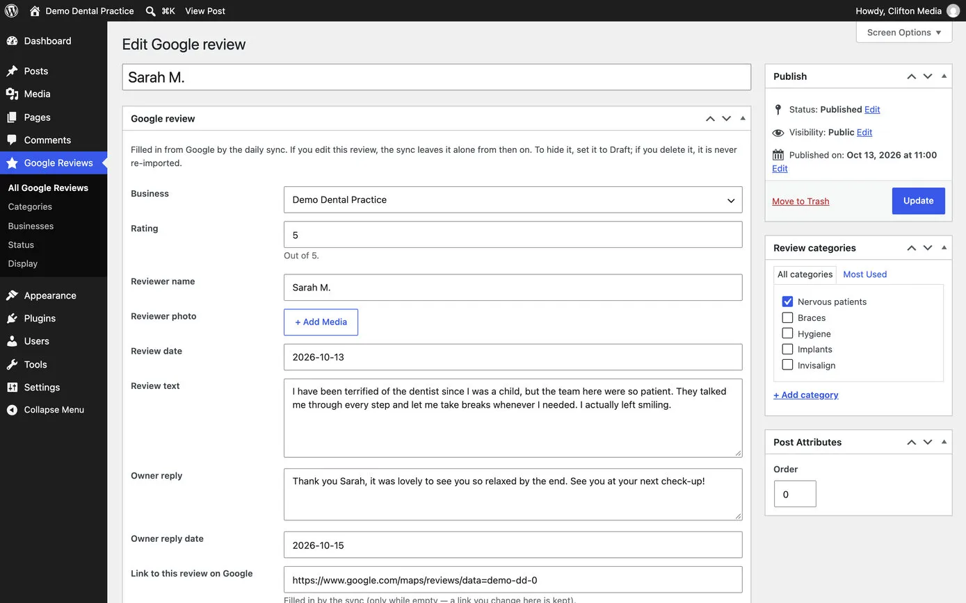One Google review open in WordPress: the business, rating, reviewer name, photo, date, the review, the practice’s reply and the link to the review on Google, with review categories ticked on the right