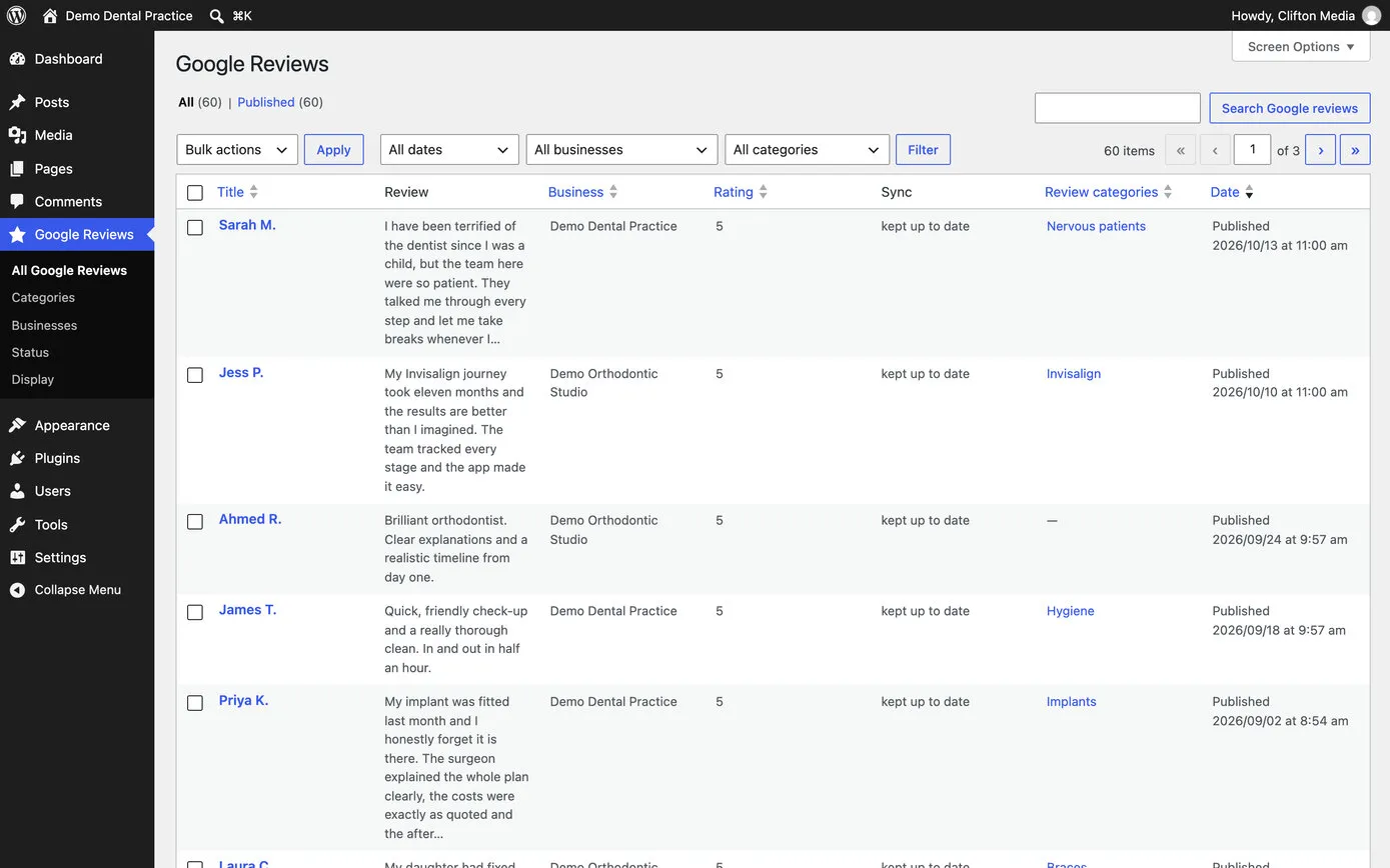 The list of Google reviews in WordPress: filters for date, business and category, then each review with its reviewer, the words, the business, the rating, whether it is kept up to date, its categories such as Invisalign, Hygiene and Implants, and the date