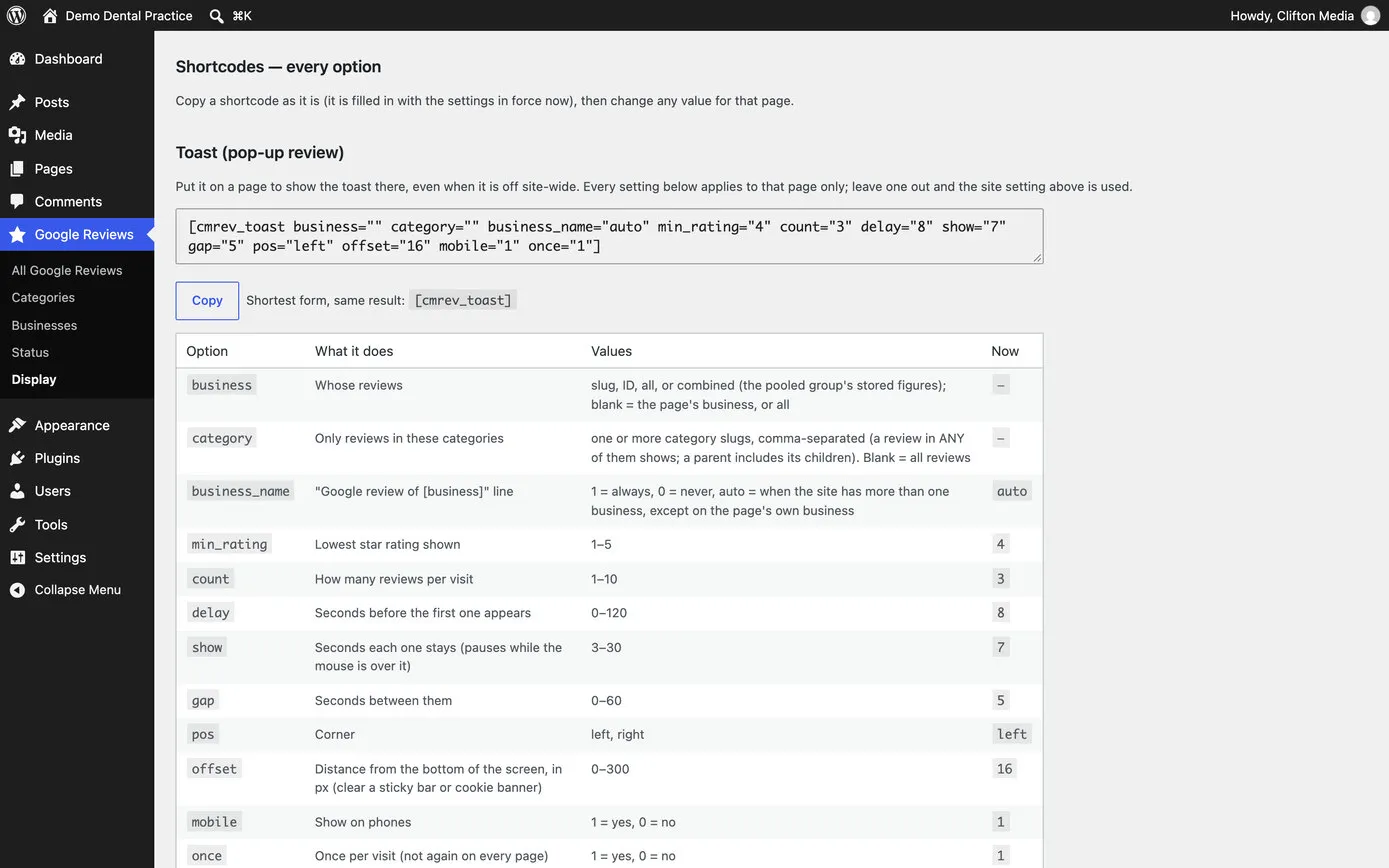 The Display page’s Shortcodes, every option section: a ready-to-copy line for the pop-up review filled in with today’s settings, and a table of every option, what it does, the values it takes and the value in force now