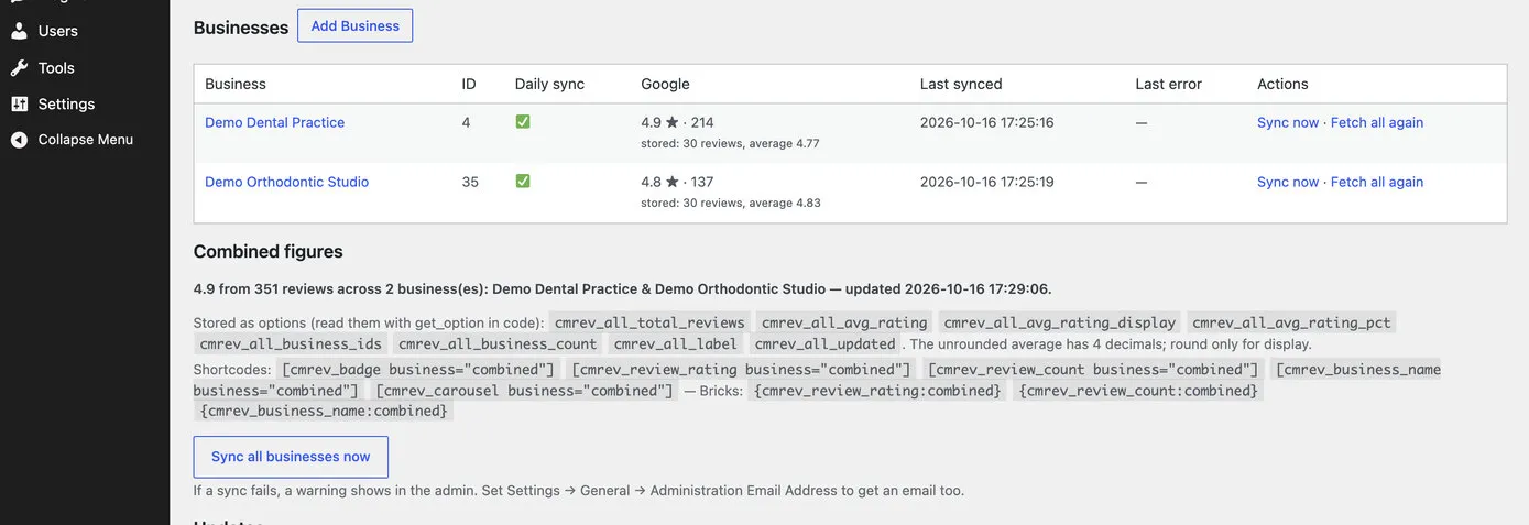 The Status page: a table of two practices with daily updating ticked, Google’s rating and count for each, when it was last updated, Sync now and Fetch all again links, then the combined figures for both practices