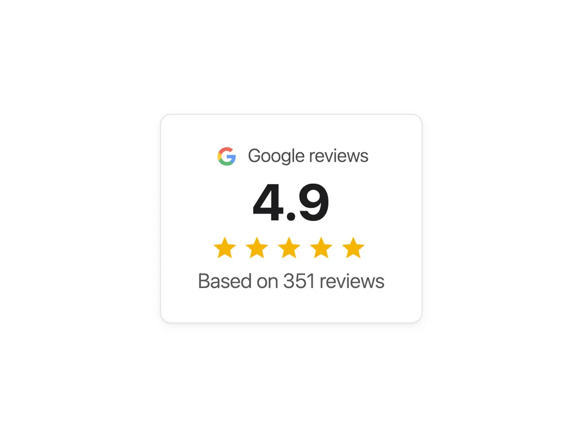 A rating card: the Google G and Google reviews, a large average, five stars and the number of reviews it’s based on