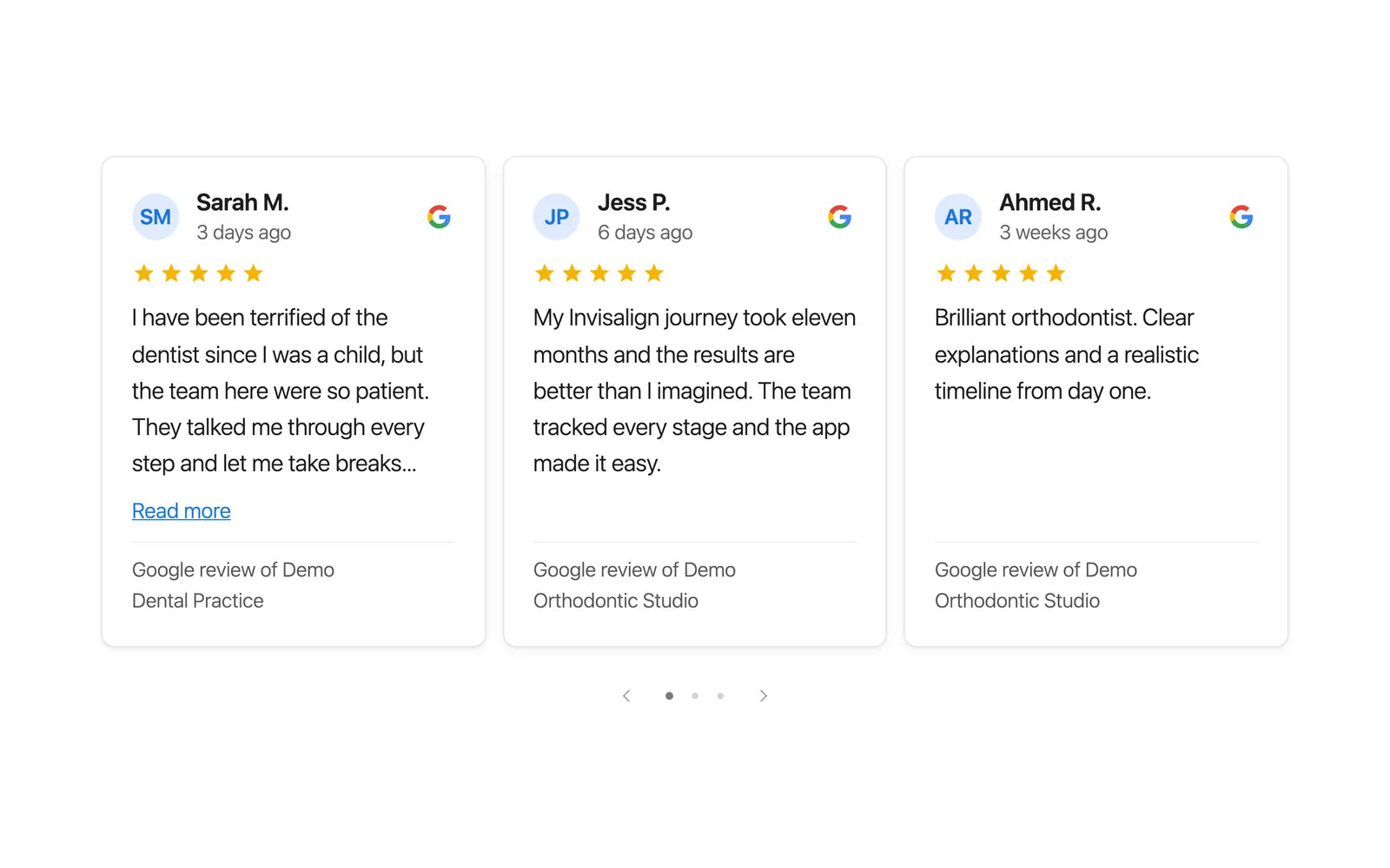 Three review cards side by side, each with initials in a circle, the reviewer’s name, how long ago, five stars, the Google G, the review and the practice it’s for