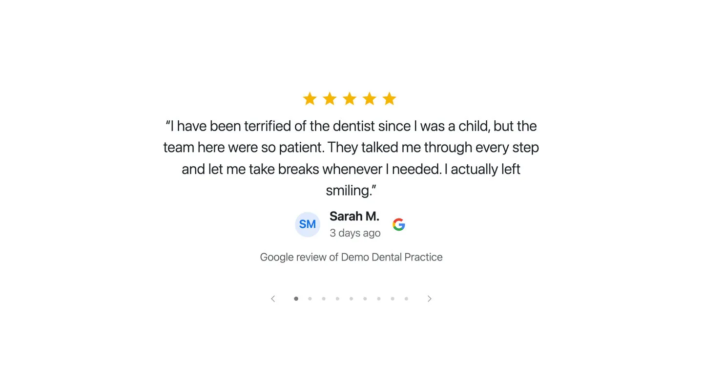 A single review in large type, centred under five stars, with the reviewer and the Google G beneath