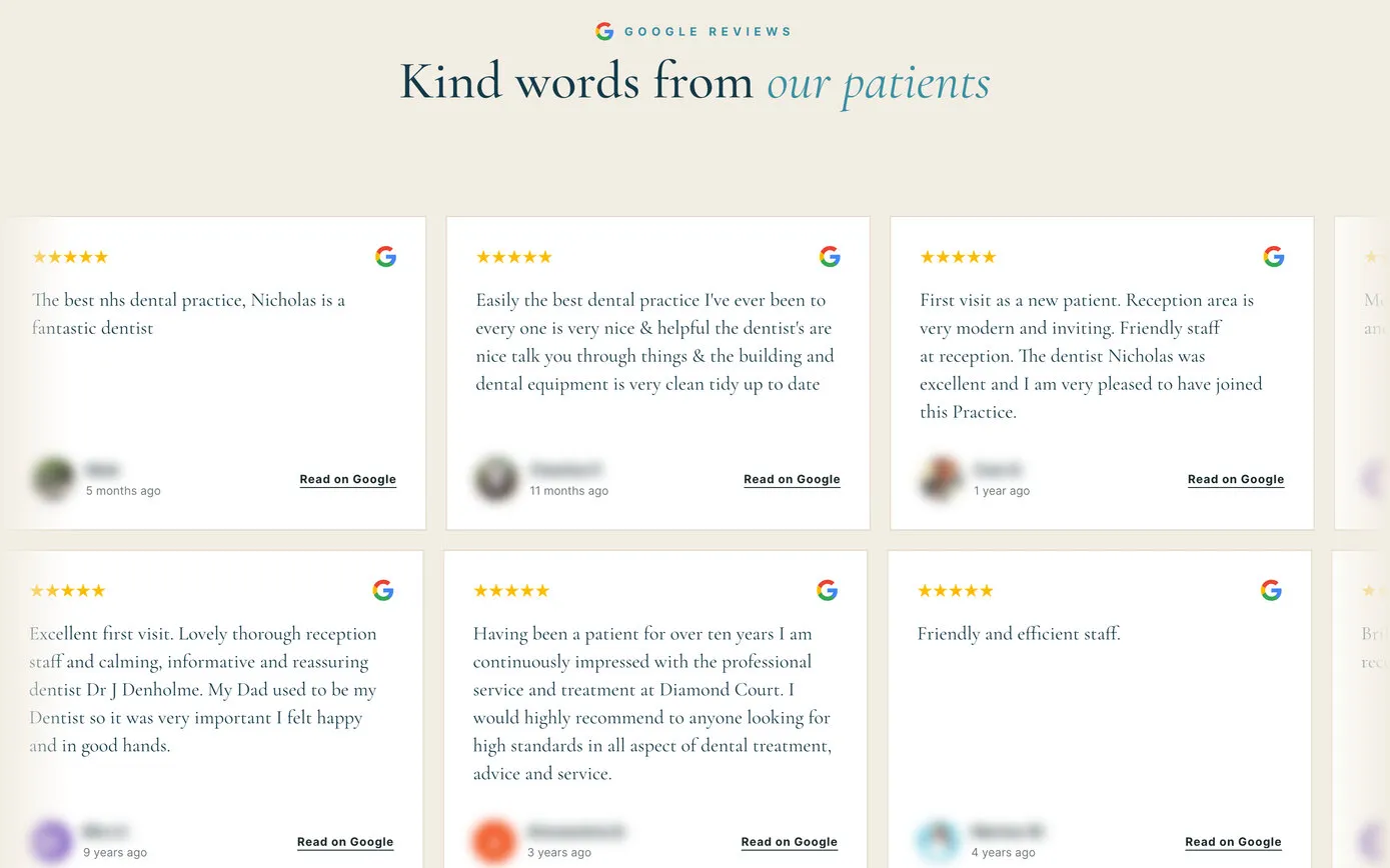 Diamond Court’s home page marquee a few seconds later: the rows of review cards have moved on