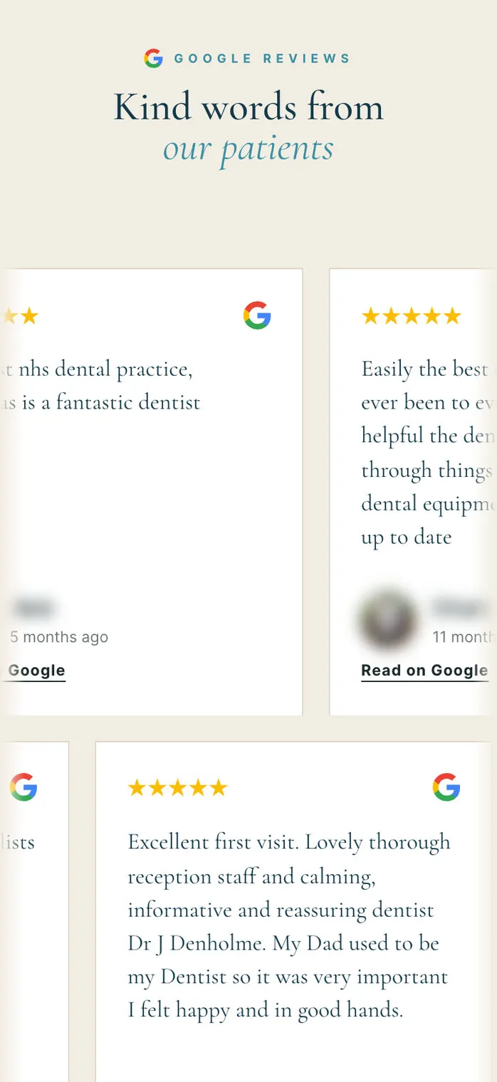 Diamond Court’s review marquee on a phone: Kind words from our patients over the drifting review cards