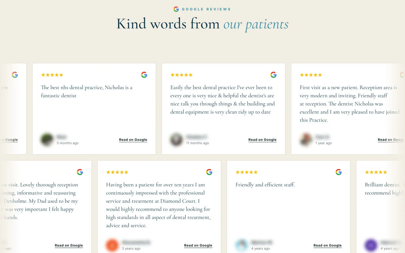 Diamond Court Dental Practice’s home page: Kind words from our patients, above two rows of review cards drifting in opposite directions