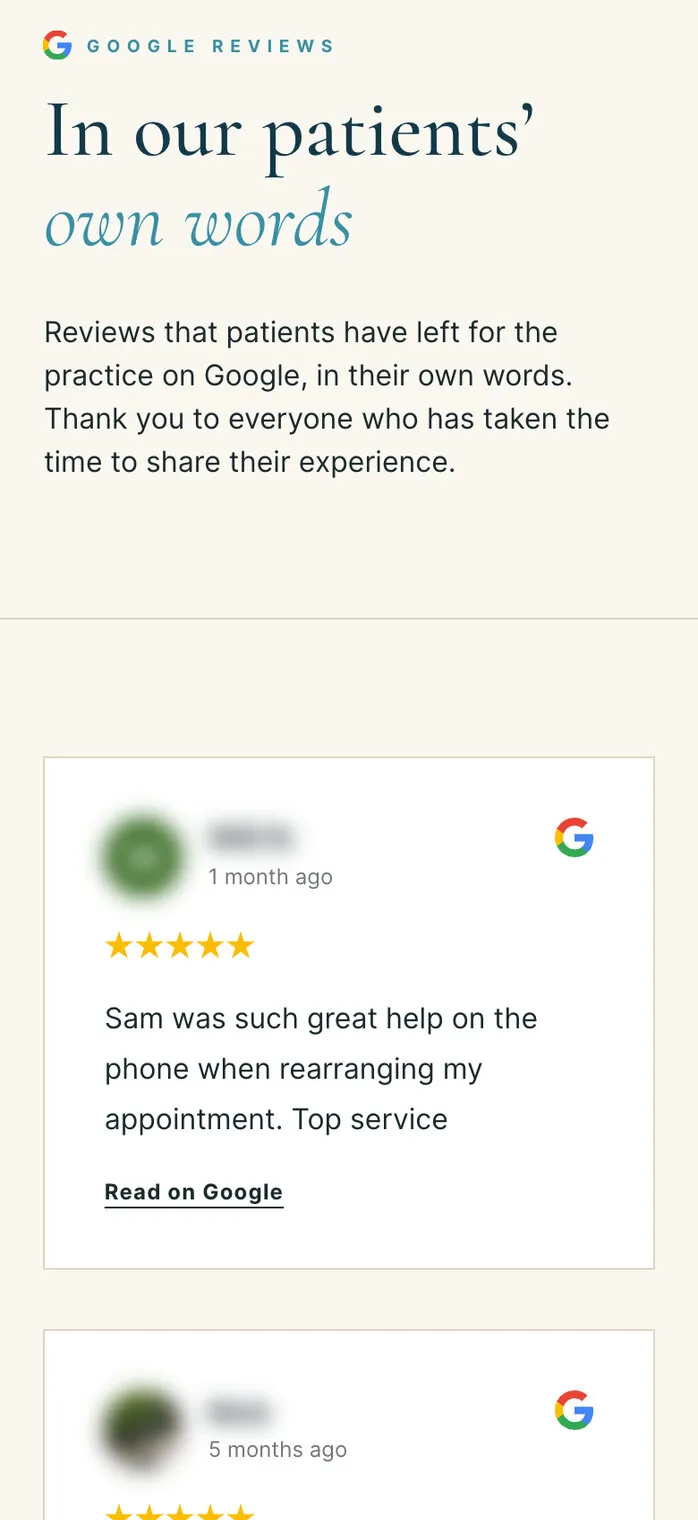 Diamond Court Dental Practice’s Google reviews page on a phone