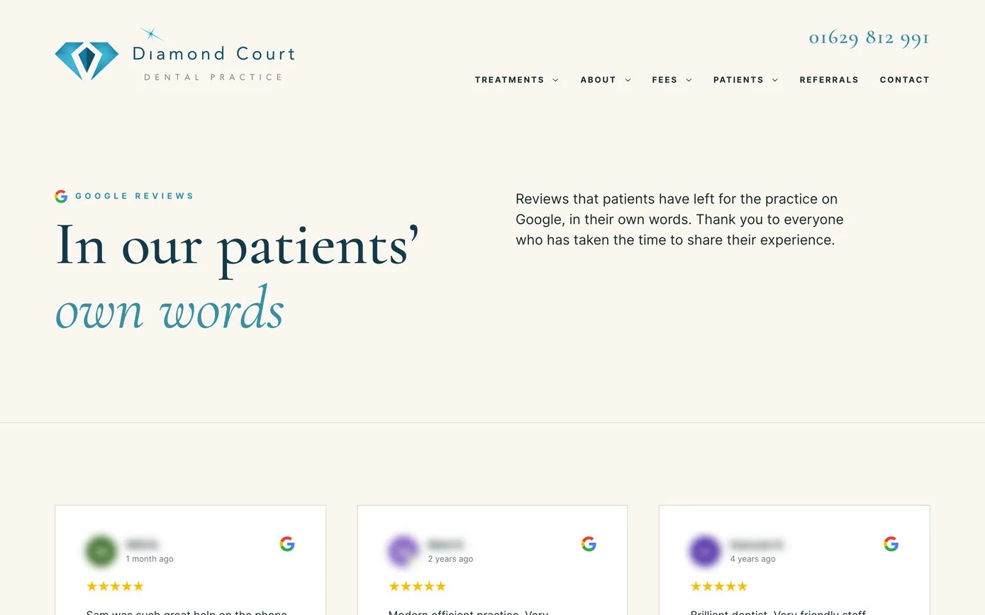 Diamond Court’s Google reviews page: In our patients’ own words, then a masonry of review cards in three columns
