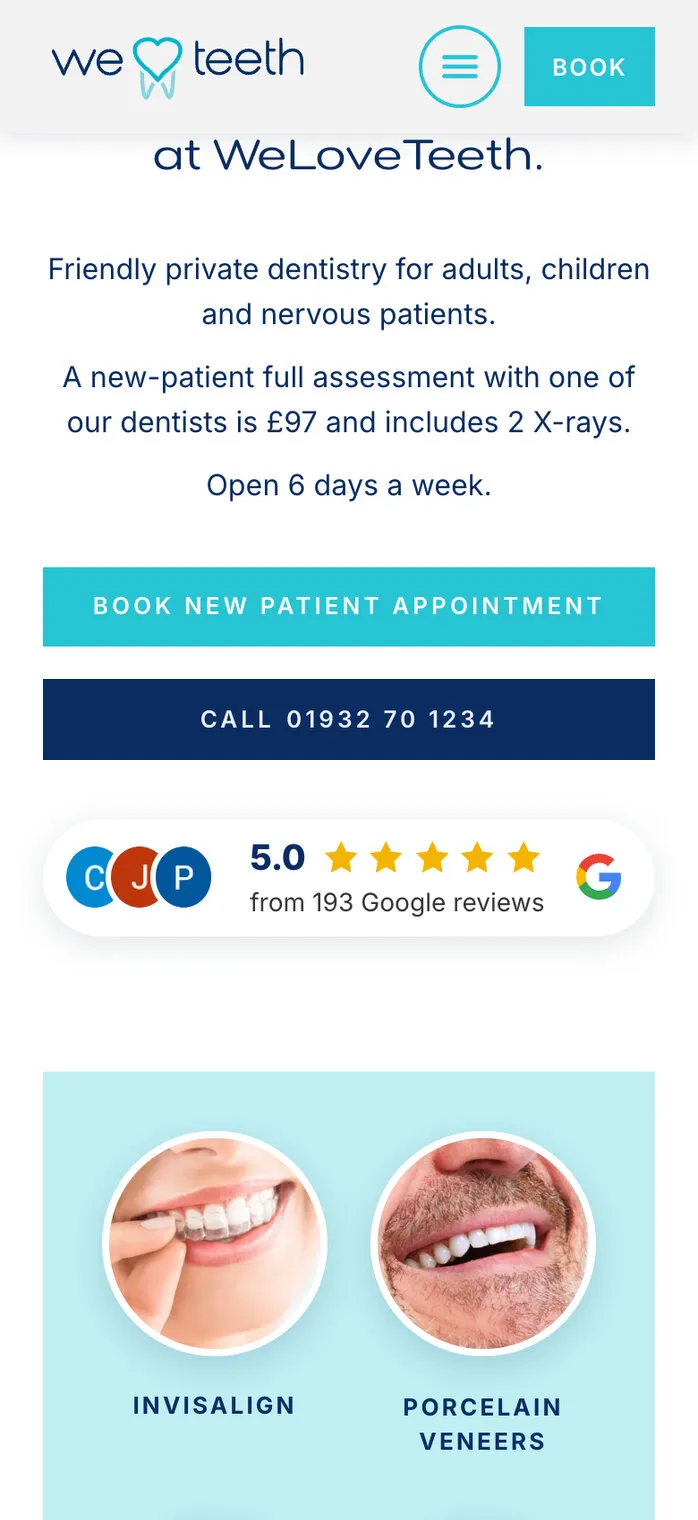 We Love Teeth’s new-patient page on a phone: the booking and call buttons, then a rating badge with the Google G, stars and the number of reviews