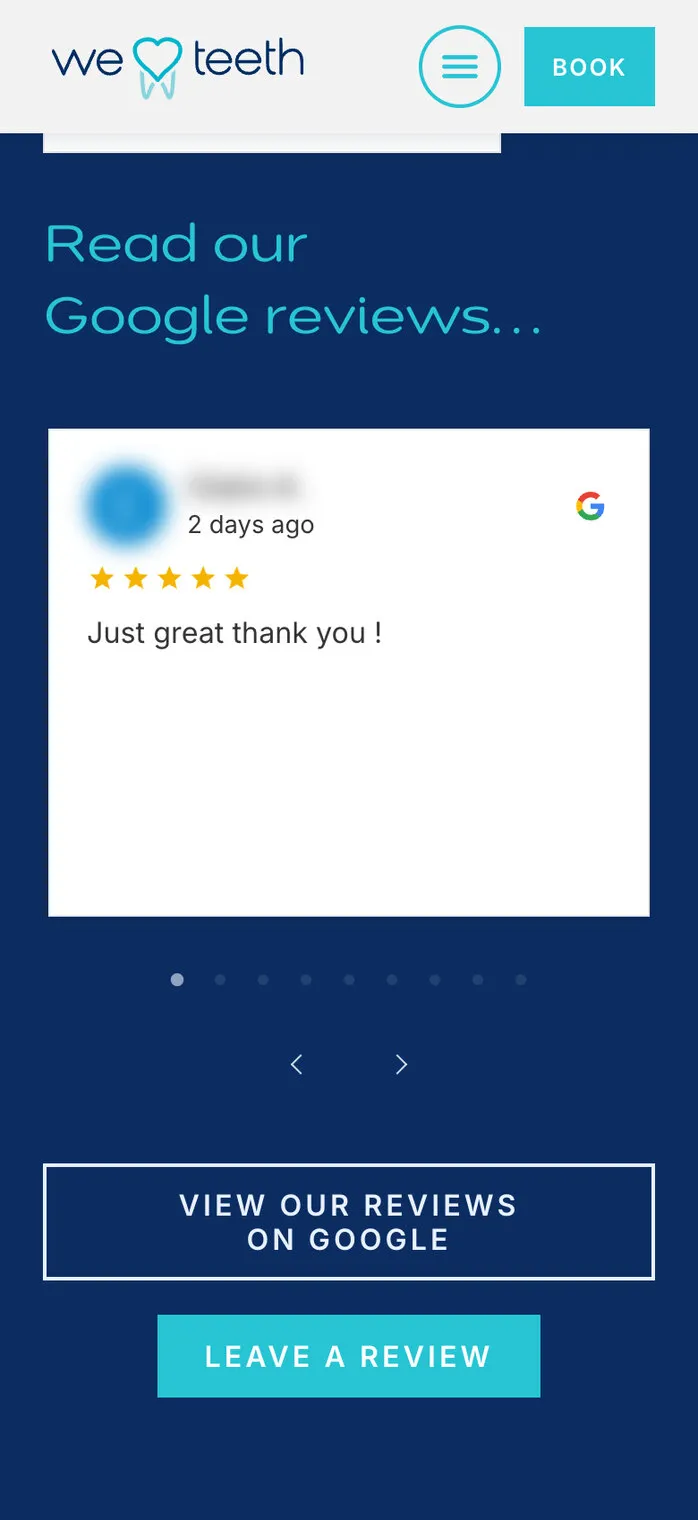 The same review carousel on a phone: one card at a time, with dots and arrows under it