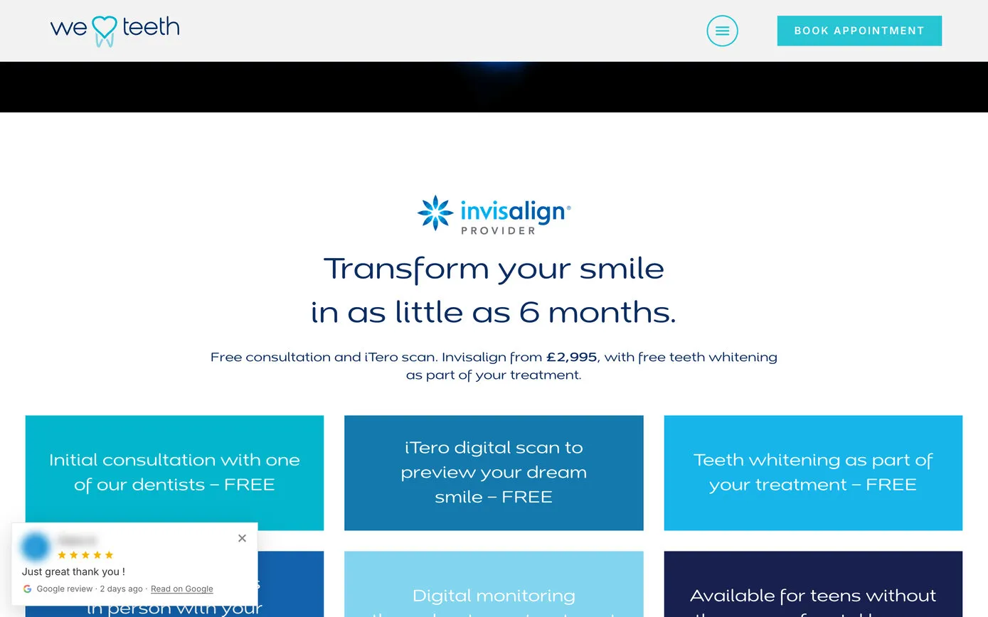 We Love Teeth’s Invisalign page with a small Google review card in the bottom left corner: five stars, the patient’s words and Read on Google