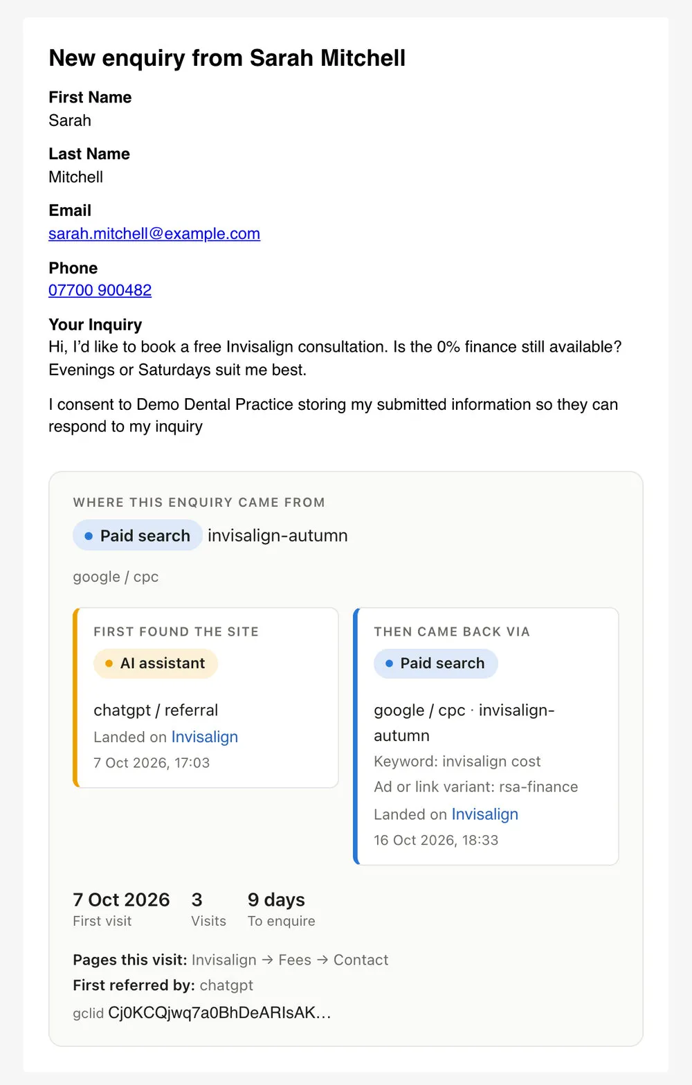 The same email with CM Visitor Tracker: under it a panel, Where this enquiry came from, showing paid search, the campaign, google / cpc, the page they landed on, their first visit, one visit, under a minute to enquire, the pages they saw and the ad click