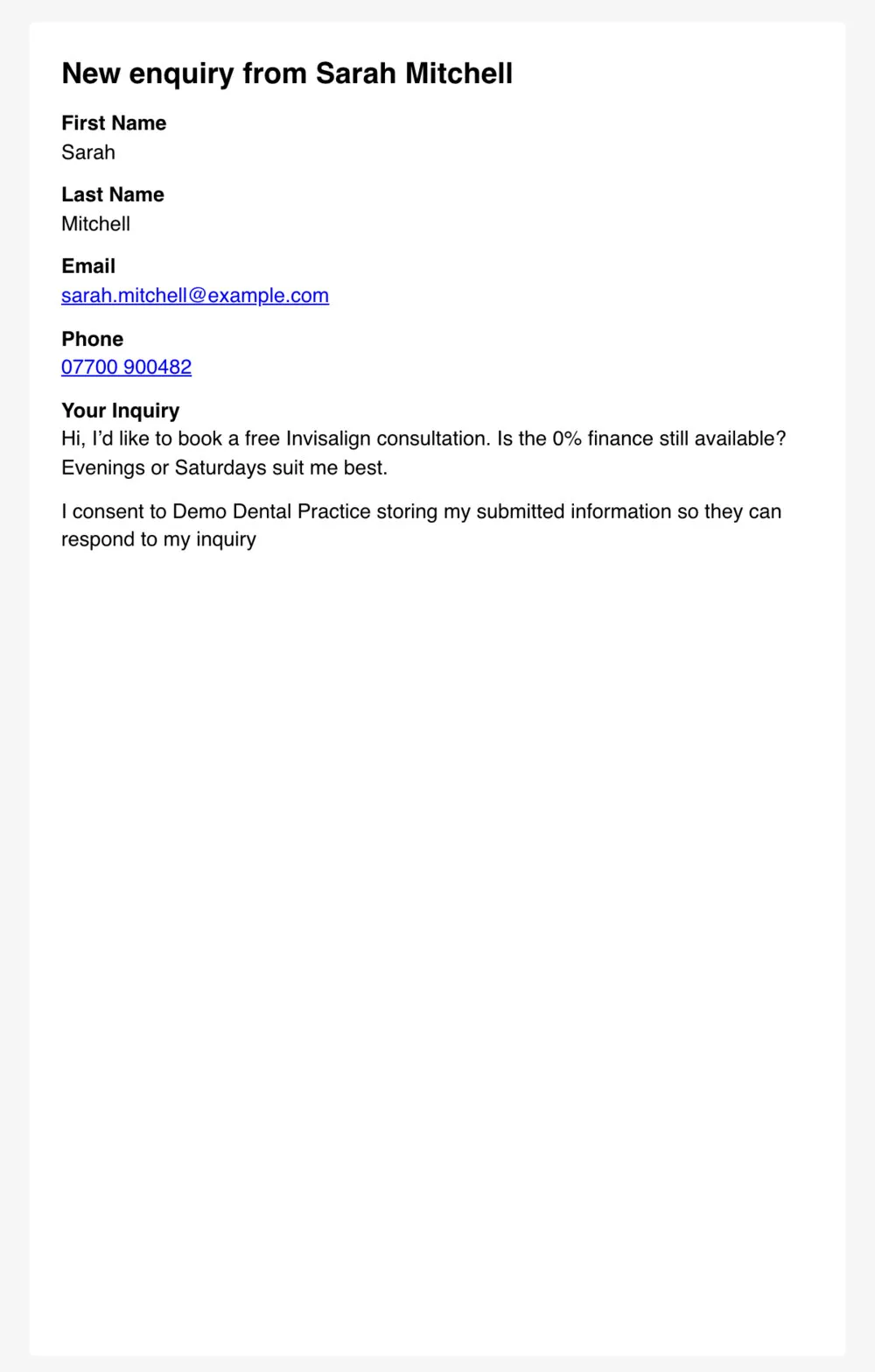 An ordinary enquiry email from the website: the visitor’s name, phone number, email and what the enquiry is about, and nothing more