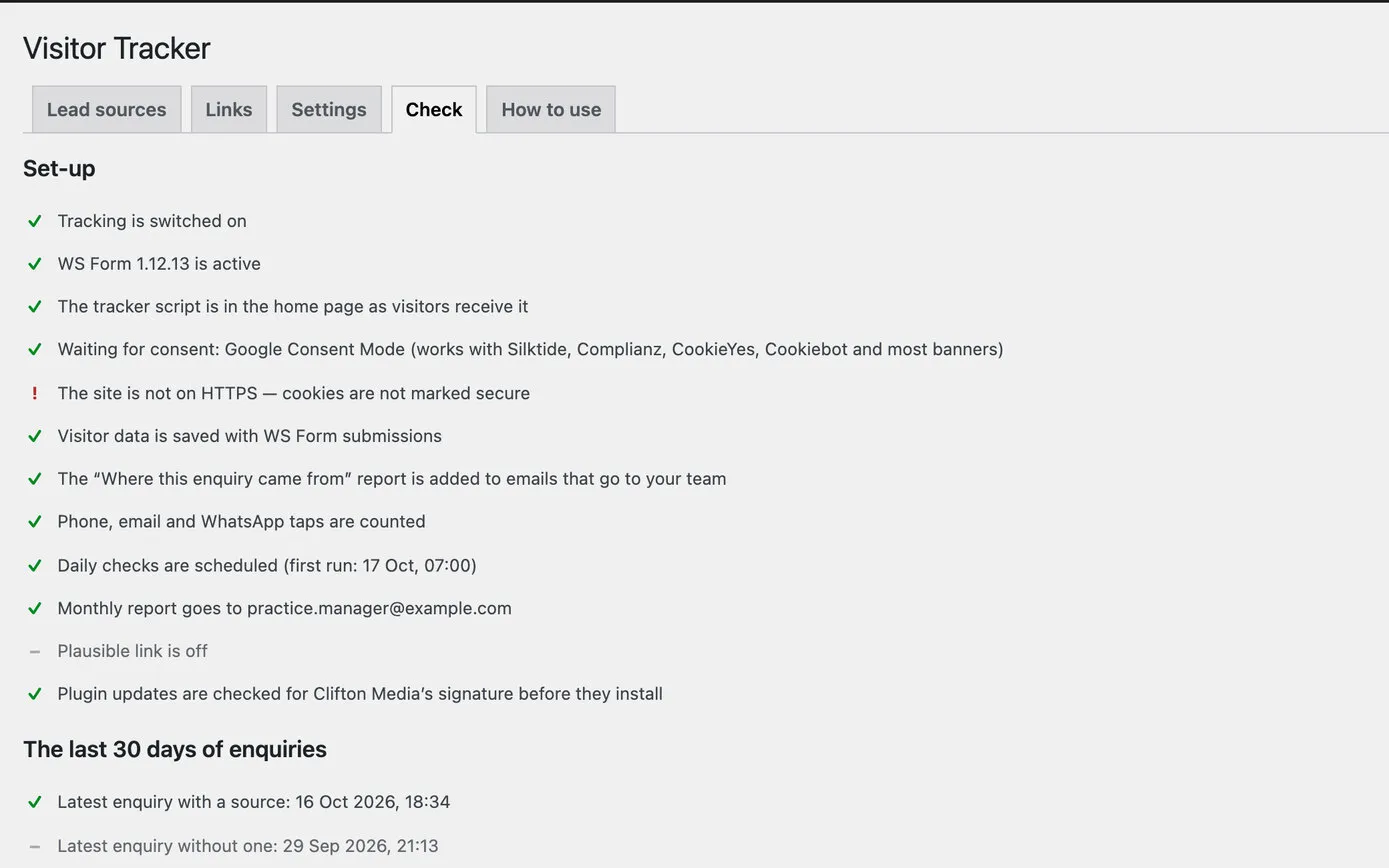 The Check tab on a demo site: a list of checks with green ticks, that tracking is on, WS Form is active, the tracker is in the home page, it waits for consent, reports are added to team emails, taps are counted, the daily checks are scheduled and updates are signed, plus one warning that the demo site isn’t on HTTPS, then the last 30 days of enquiries