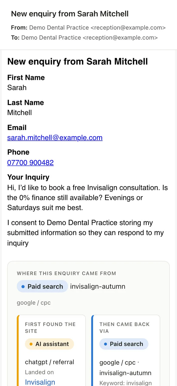 An enquiry email on a phone, with a panel saying where the enquiry came from