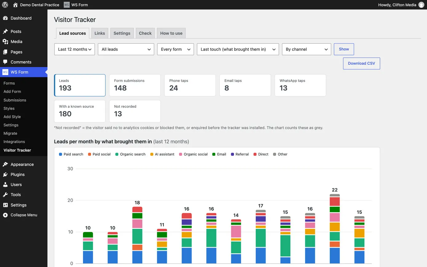 The Lead sources screen on a demo site: enquiries by channel, a chart of the last twelve months in coloured columns, and the latest enquiries with where each came from