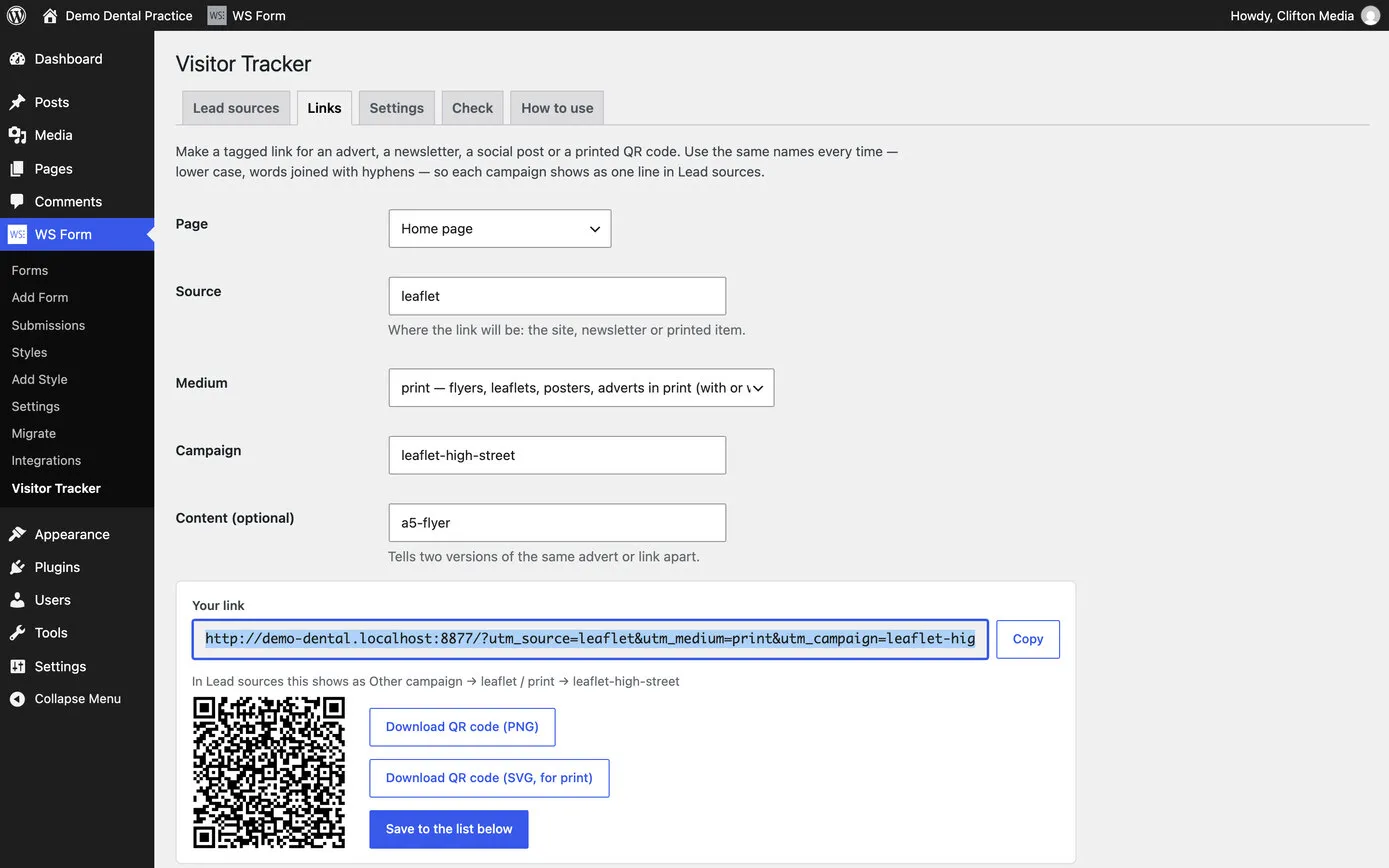 The Links tab on a demo site: fields for the page, source, medium and campaign of a leaflet campaign, the finished tagged link with a copy button, and its QR code ready to download
