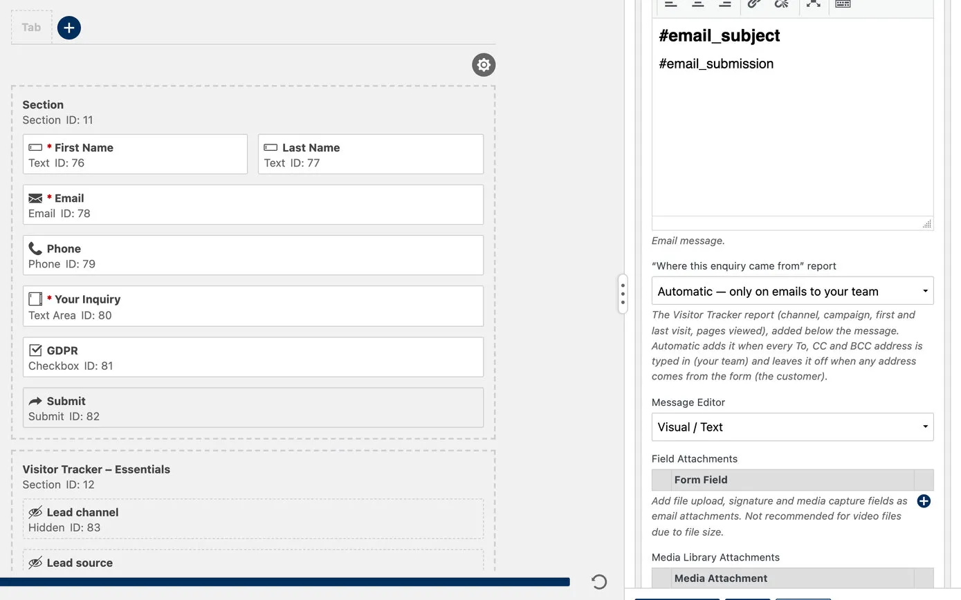 The settings of WS Form’s Send Email action on a demo site, with the option to add the Visitor Tracker report to the email