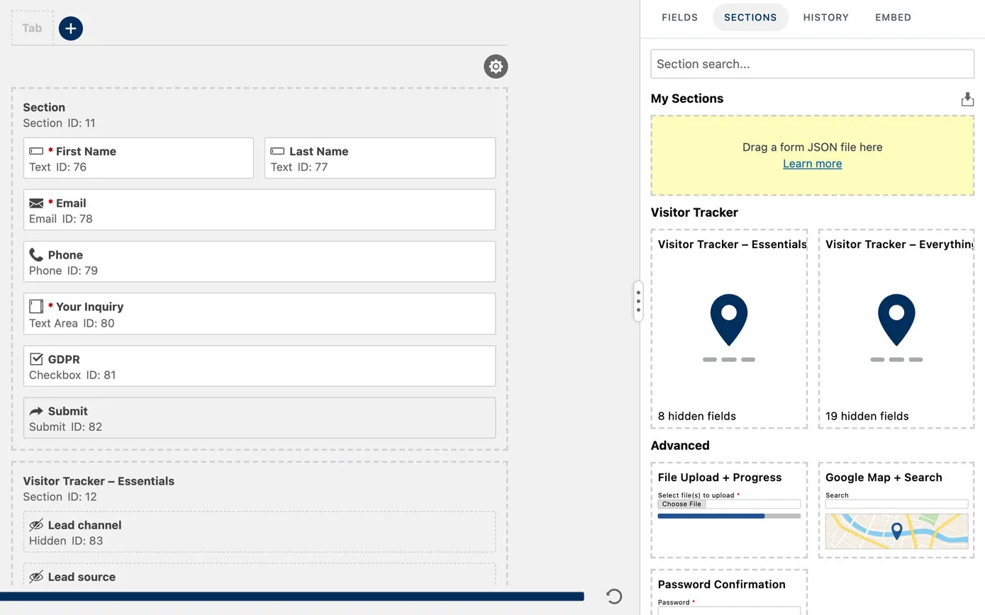 The WS Form editor’s section library on a demo site, with Visitor Tracker – Essentials and Visitor Tracker – Everything ready to drag into the form