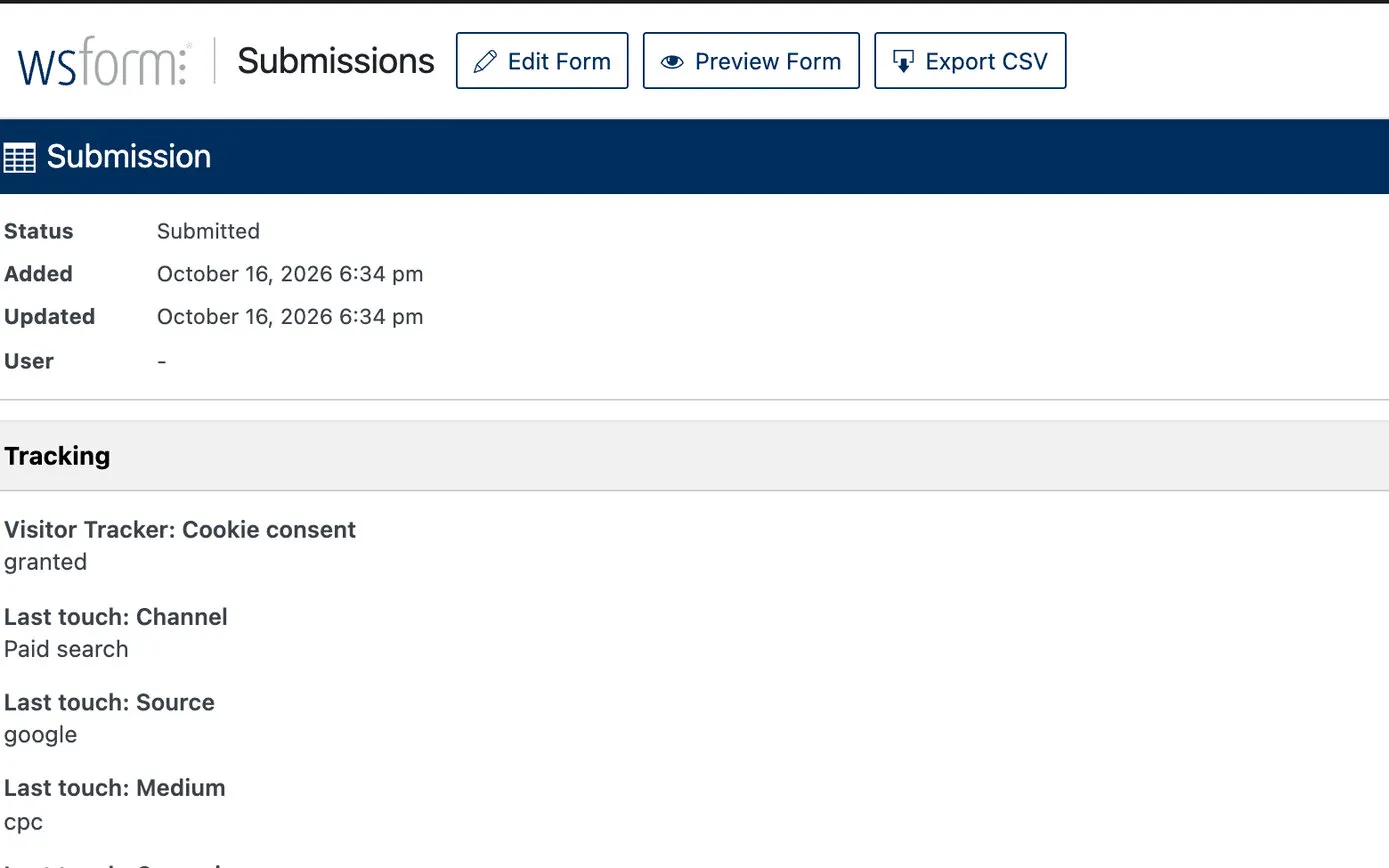 A WS Form submission on a demo site, with its tracking panel listing where the visitor came from: channel, source, medium, campaign, landing page, visits and days to enquire