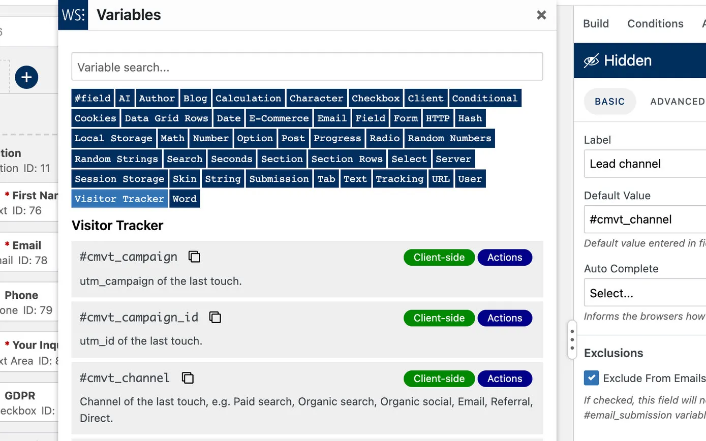 WS Form’s variable picker on a demo site, open at the Visitor Tracker group: lead channel, source, medium, campaign, landing page, first touch and more