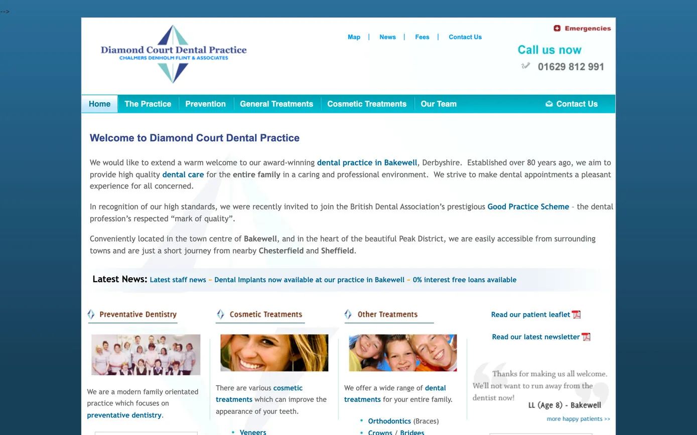 The first site, as the Internet Archive captured it in 2009: “Welcome to Diamond Court Dental Practice” under a blue menu bar, with preventive, cosmetic and other treatments in three columns